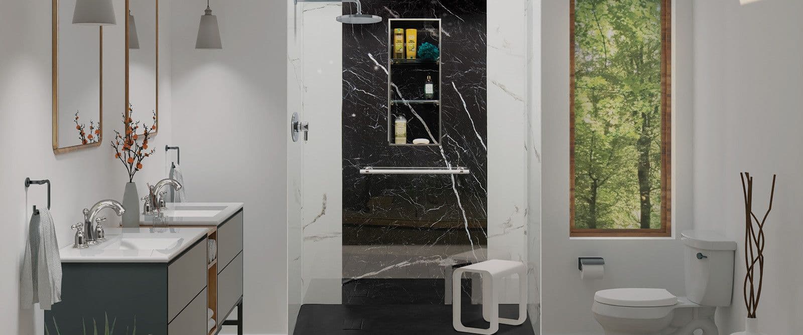 Luxurious bathroom with a black marble-accented shower, sleek double vanity, large window showing greenery, and modern decor.