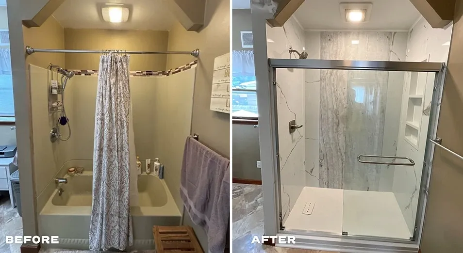 Before-and-after bathroom renovation. Left: Old bathtub with a patterned curtain and dated fixtures. Right: Modern shower with glass doors and sleek marble walls.