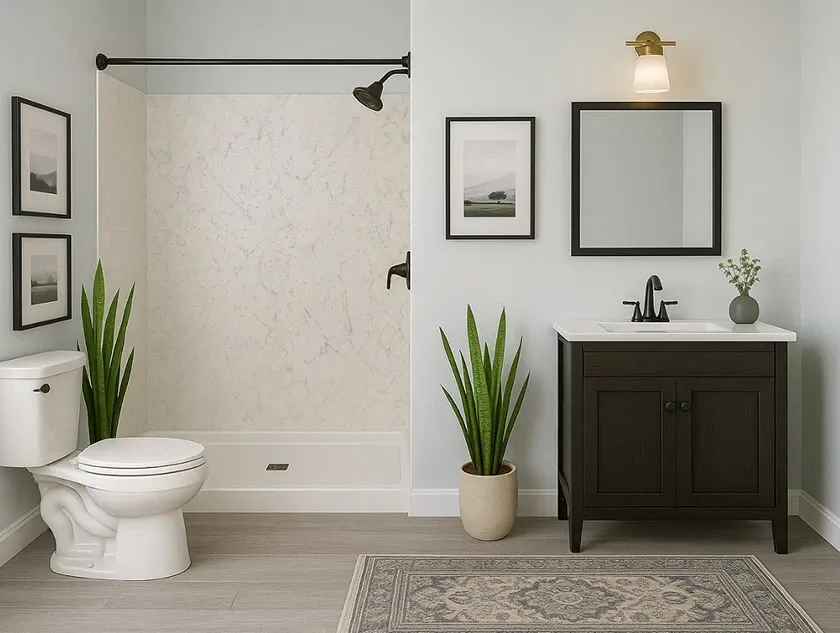 A walk-in shower with white marble-patterned walls and black fixtures in a white bathroom with dark vanity.