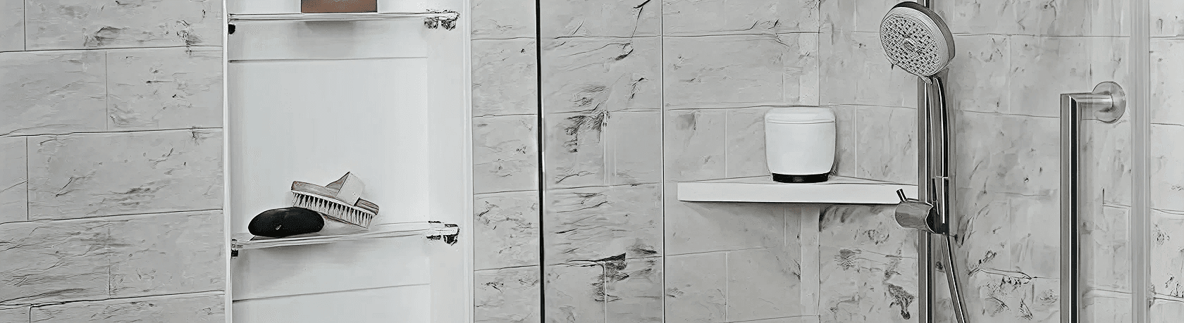 Modern bathroom with marble tiles, glass shelves holding a brush and soap. A sleek shower head and small shelf with a white container add elegance.