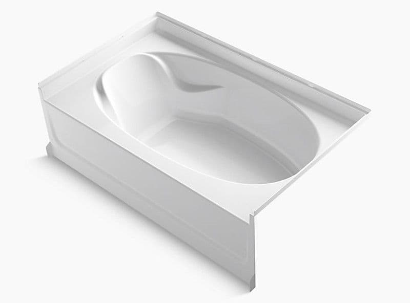 A white acrylic bathtub with a smooth, curved interior and a rectangular outer shape. It has three sides enclosed with a panel. Modern and minimalist design.