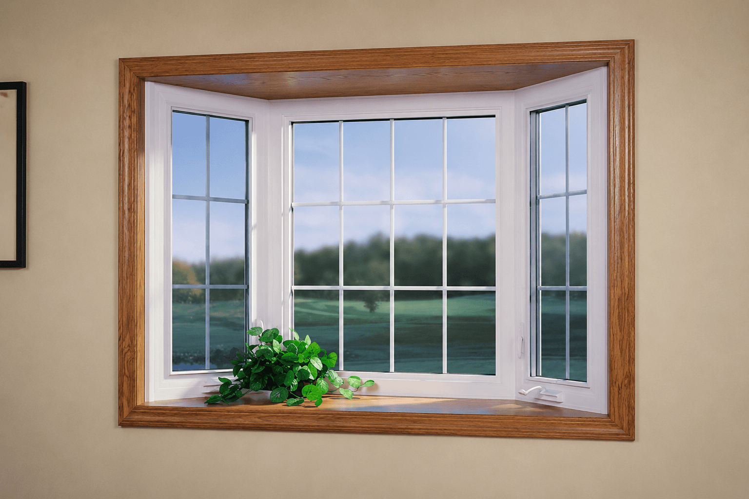 Bay window with wood frame and white trim overlooking a lake and green landscape, with potted plant on sill.
