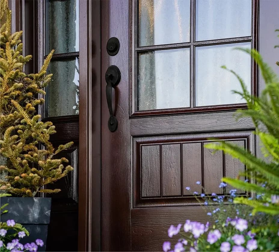Dark wooden door with black handle, featuring glass panels. Framed by potted evergreens and purple flowers.