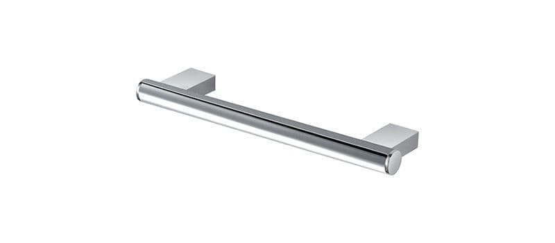 Silver metal drawer or cabinet handle with a cylindrical bar and rectangular mounting bases.