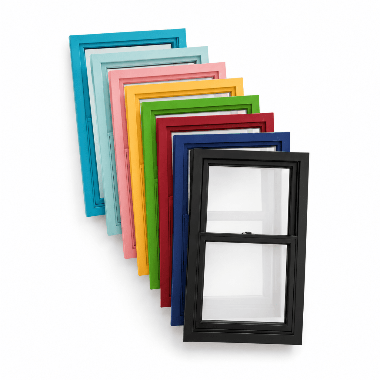 Set of colorful double-hung windows in blue, light blue, pink, yellow, green, red, dark blue, and black frames.