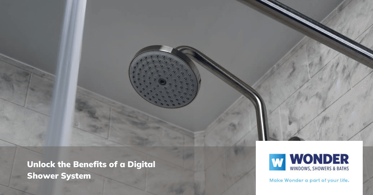 Modern shower head against a marble-tiled wall, emphasizing digital shower systems. Text overlay reads: "Unlock the Benefits of a Digital Shower System." Logo in the bottom right corner.