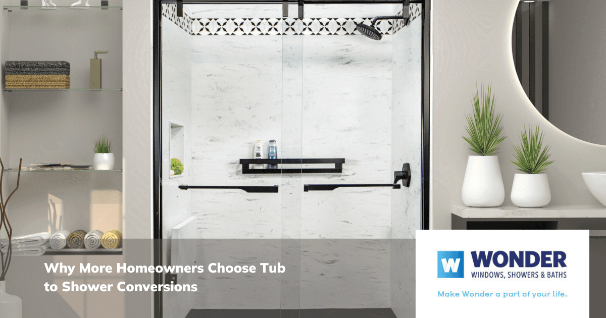 Modern bathroom with a sleek shower conversion, featuring glass doors and a stylish black handle. Shelves hold towels and plants. Text at the bottom promotes tub-to-shower conversions.