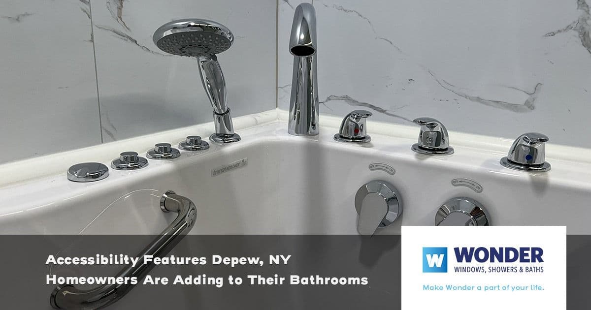 Elegant bathroom corner with accessibility features in Depew, NY: chrome fixtures, handheld showerhead, and safety handrails; modern, inclusive design.