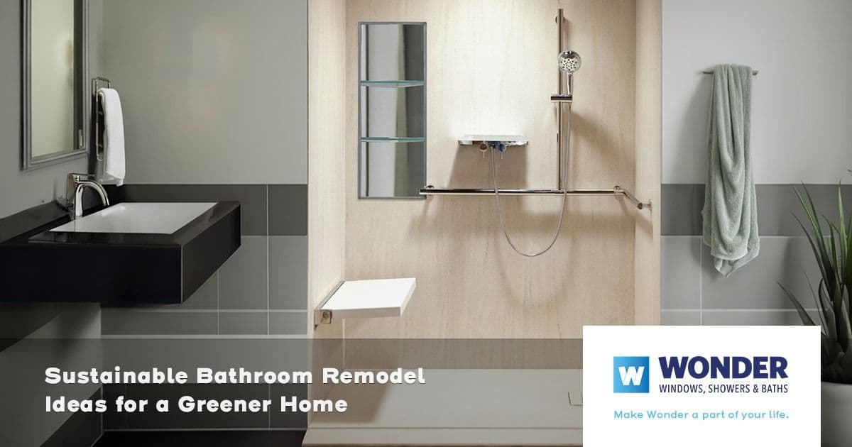 Modern bathroom with sleek fixtures, a wall-mounted sink, glass shelves, and a towel rack. Text reads: "Sustainable Bathroom Remodel Ideas for a Greener Home."