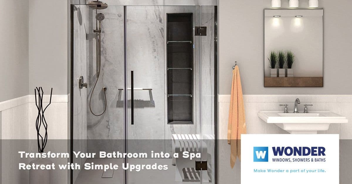 Modern bathroom with a glass shower, sleek fixtures, and soft lighting. Text overlay reads "Transform Your Bathroom into a Spa Retreat." Wonder logo in corner.