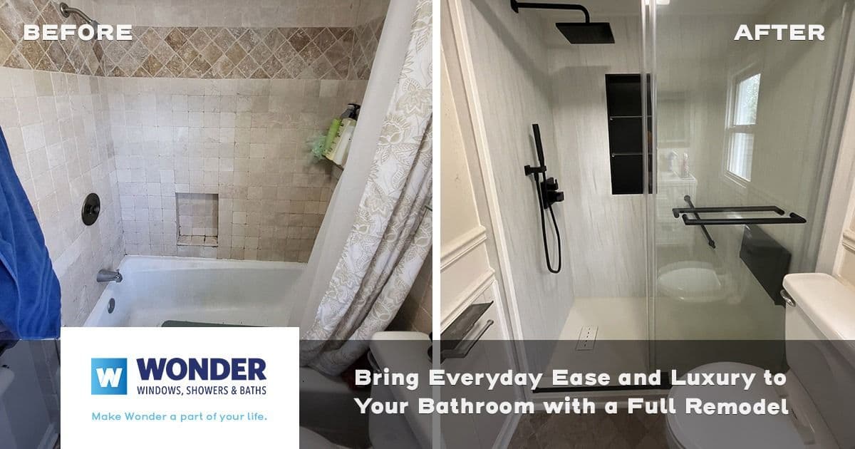 Split image showing a before and after bathroom renovation. Left: old bathtub with white tiles. Right: modern shower with marble walls. Logo: "Wonder Windows, Showers & Baths." Text: "Creating a Bathroom That Works for Everyone in the Home."
