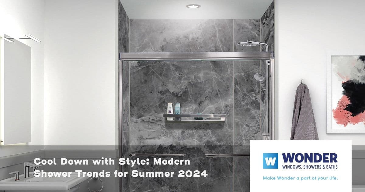 Modern bathroom with a sleek gray marble shower, glass door, and minimalistic fixtures. Text reads "Cool Down with Style: Modern Shower Trends for Summer 2024."