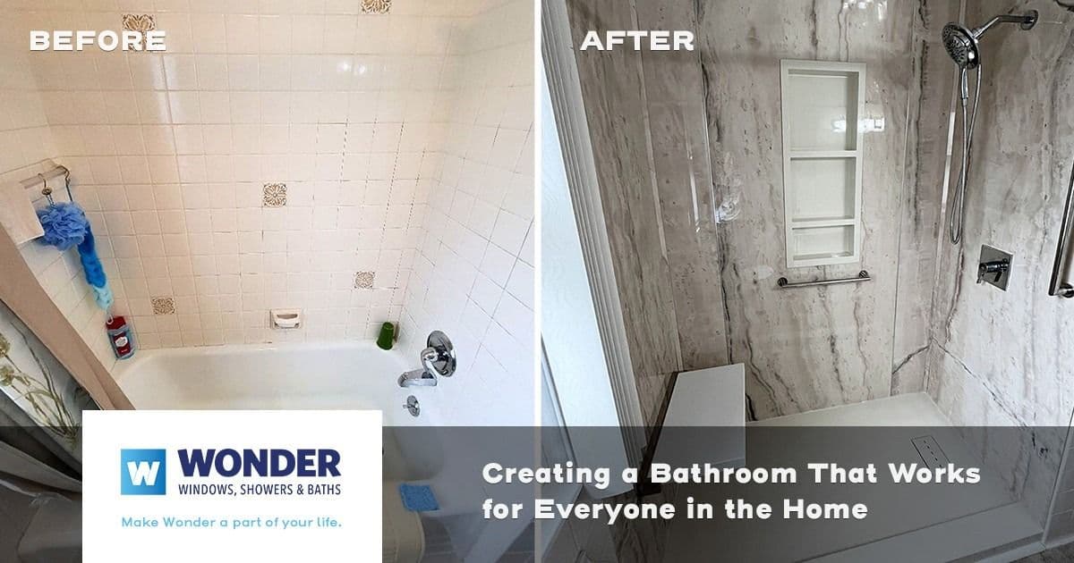 Split image showing a bathroom remodel, with a small, tiled tub on the left, and a modern, spacious shower with marble walls on the right.