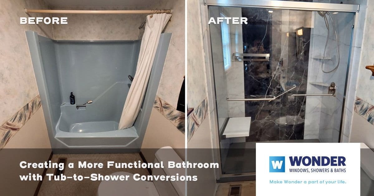 Before and after comparison of a bathroom renovation; left shows an old bathtub, right shows a modern glass-door shower. Text highlights a tub-to-shower conversion.