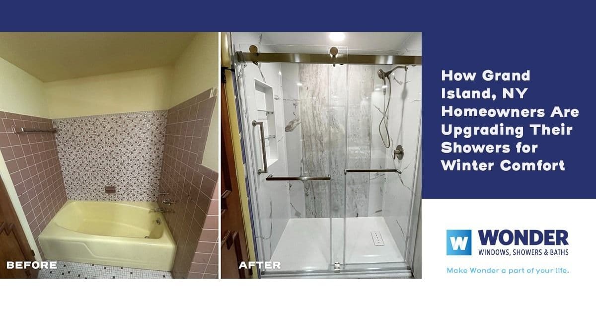 Before-and-after images of a bathroom renovation. The left shows a dated pink-tiled shower with a yellow tub. The right features a modern, glass-enclosed shower with marble walls. The text highlights Grand Island, NY shower upgrades for winter comfort.