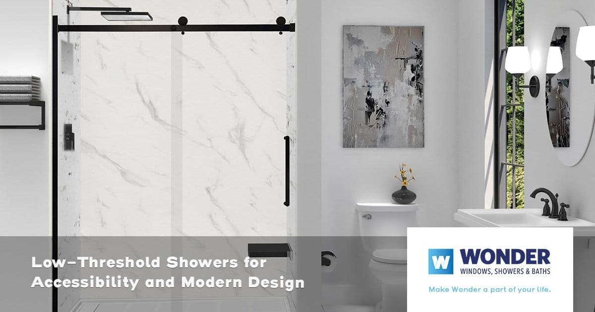 Modern bathroom featuring a low-threshold glass shower and white marble walls. A minimalist white sink, round mirror, and wall art add elegance.