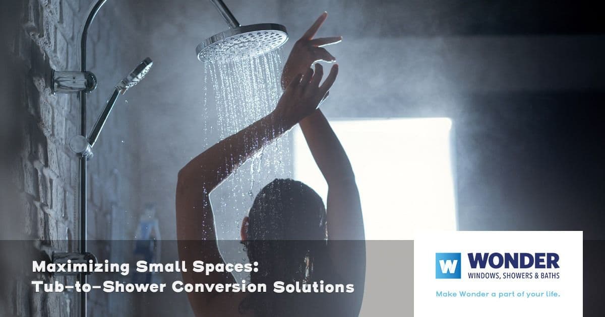 A person showers under a modern showerhead in a small bathroom. The scene conveys relaxation. Text promotes tub-to-shower conversions by Wonder.