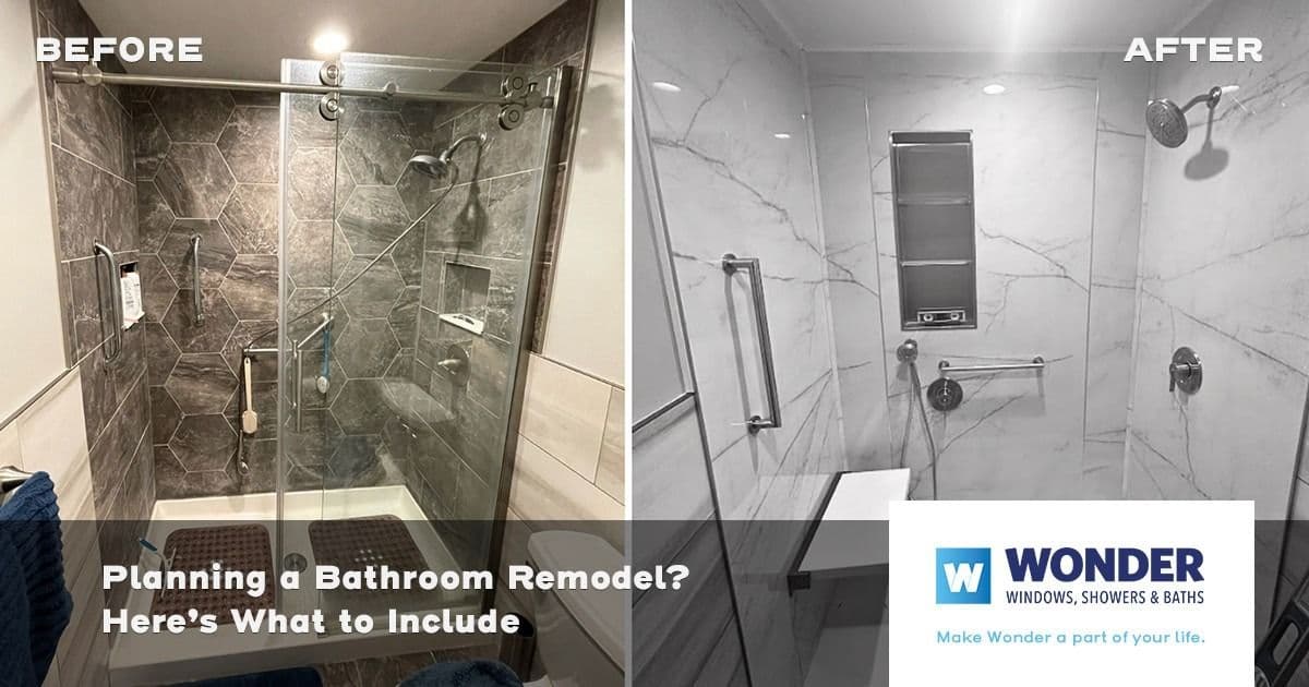 Before and after comparison of a bathroom remodel. Left: dark, tiled shower with metal fixtures. Right: bright, white marble shower, modern finishes.
