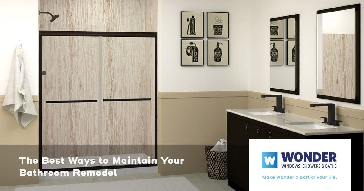 Brown bathroom with shower and black cabinet sink