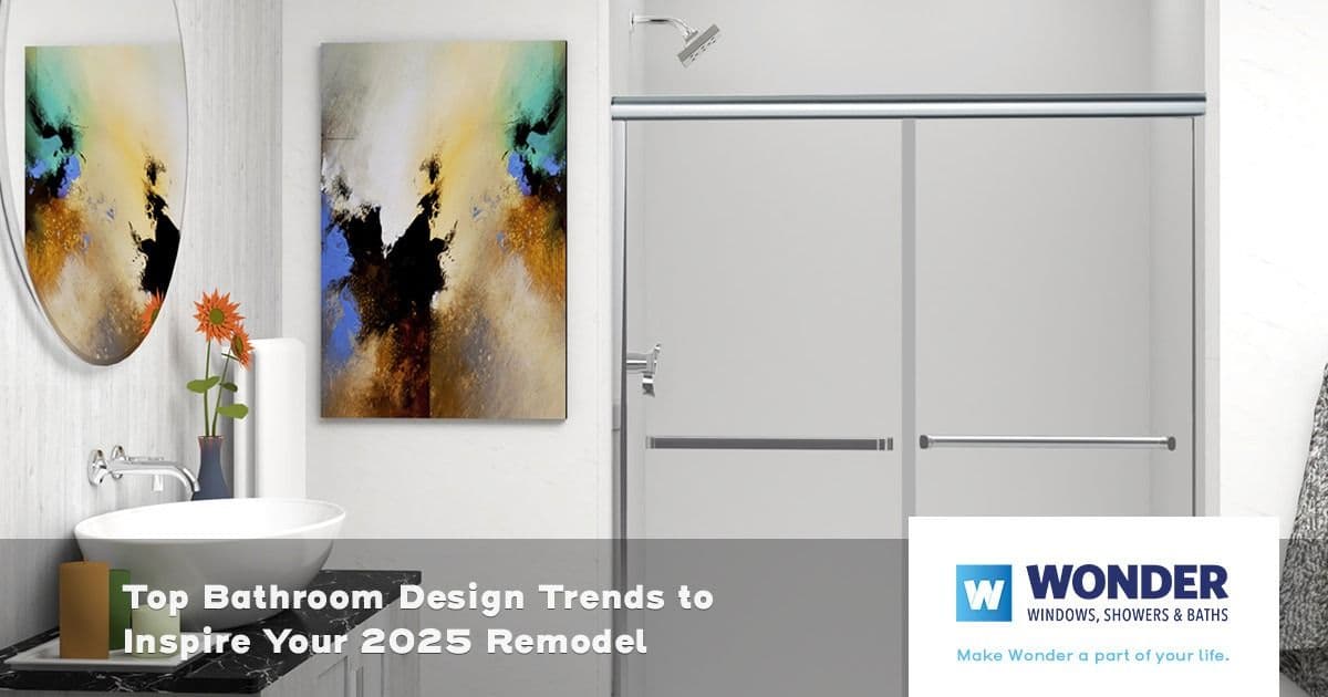 Modern bathroom with abstract art and sleek shower. A white sink with a green plant adds freshness. Text: "Top Bathroom Design Trends for 2025 Remodel."