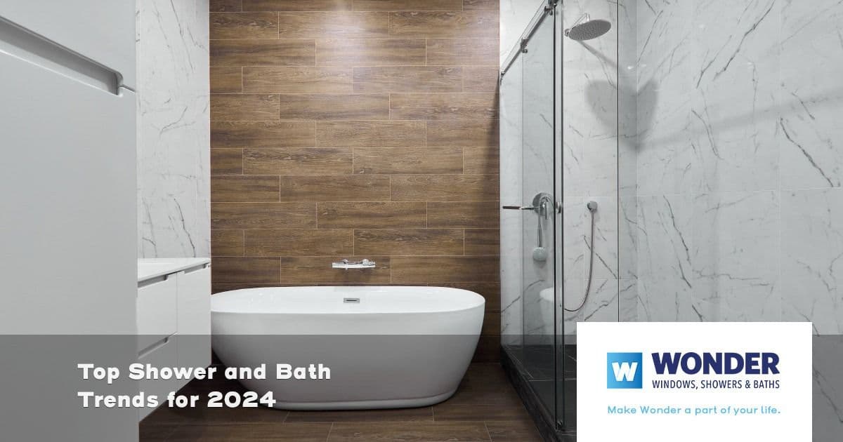 Modern bathroom with a freestanding tub against a wood-textured wall. Marble tiles add elegance; logo and text highlight 2024 trends.