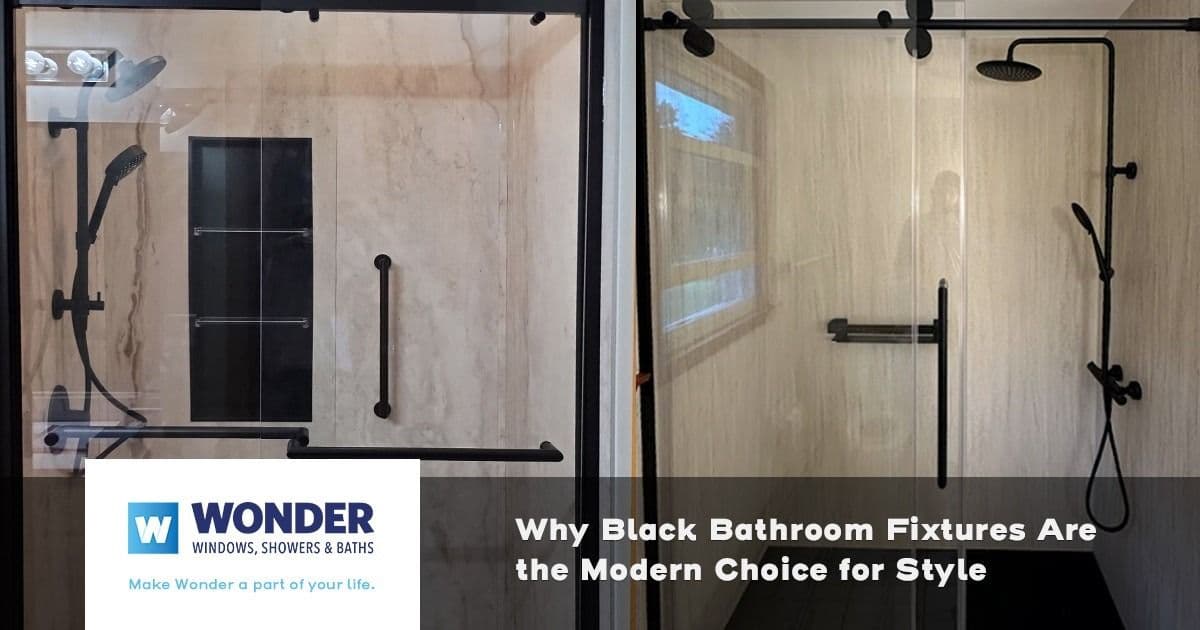 A modern bathroom features sleek black fixtures, including a showerhead and handles, against a light stone backdrop. Text overlay reads, "Why Black Bathroom Fixtures Are the Modern Choice for Style." A logo in the corner says "Wonder Windows, Showers & Baths." The mood is stylish and contemporary.