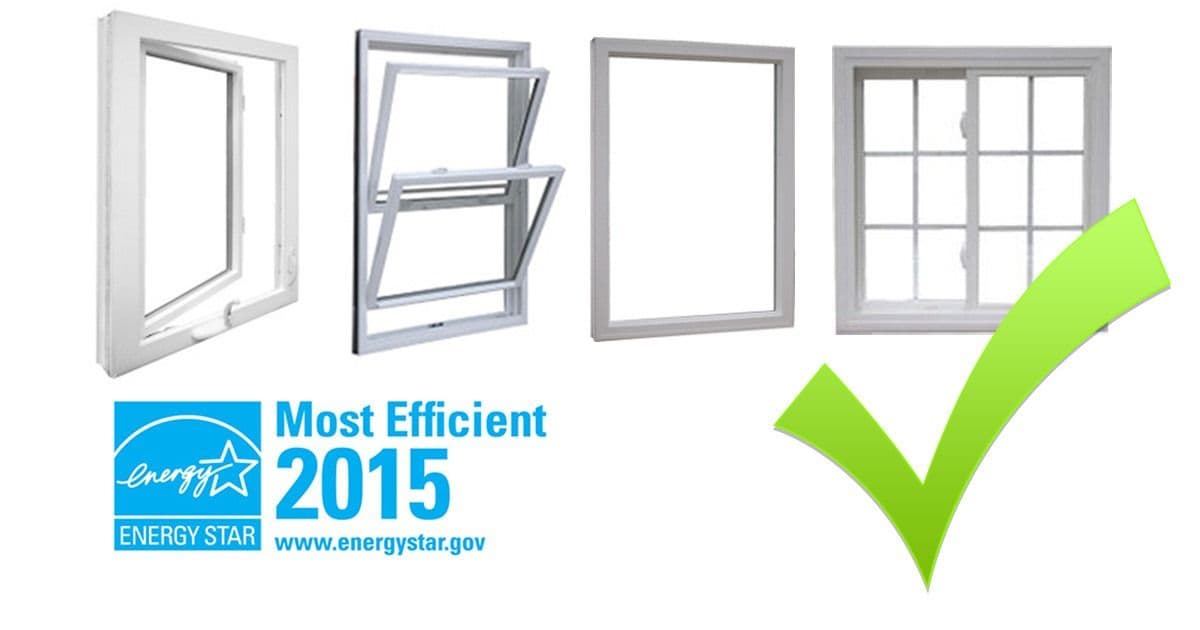 Four types of window designs with an "Energy Star Most Efficient 2015" label. A large green checkmark signifies approval for energy efficiency.