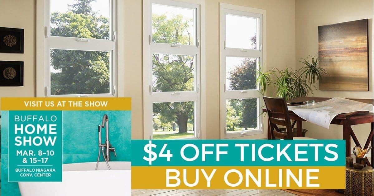 Bright room with large windows showcasing a lush garden. Promo for Buffalo Home Show offering $4 off tickets bought online, dates: Mar 8-10, 15-17.