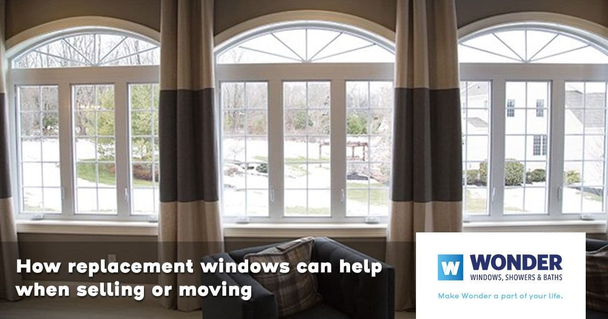 Arched windows with curtains overlook a snowy yard. Text reads, "How replacement windows can help when selling or moving." Logo: Wonder Windows.