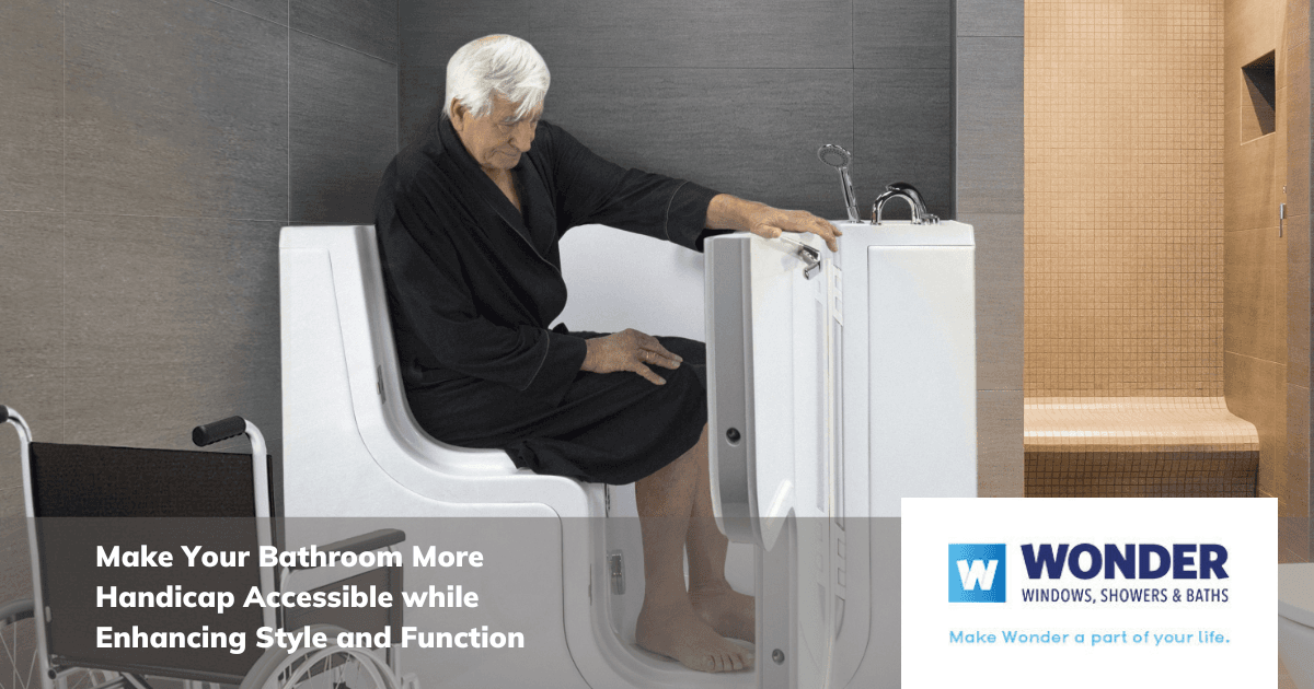 An elderly man in a black robe sits in a walk-in bathtub, highlighting accessibility. A wheelchair is nearby. The atmosphere is practical and calm.