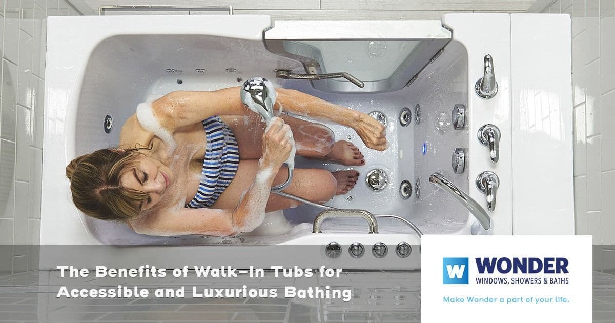 Overhead view of a woman in a walk-in tub, holding a showerhead. She's smiling, surrounded by bubbles. Text: "The Benefits of Walk-In Tubs." Wonder logo.
