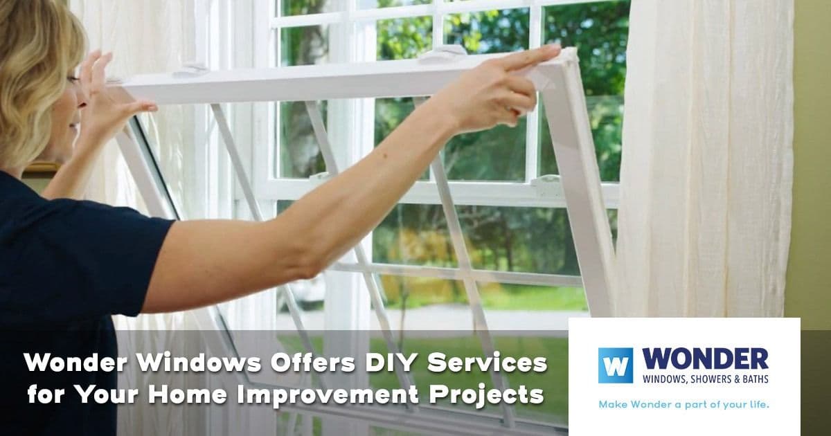 A person installs a window in a sunlit room. Text on the image promotes Wonder Windows DIY services. The mood is bright and industrious.