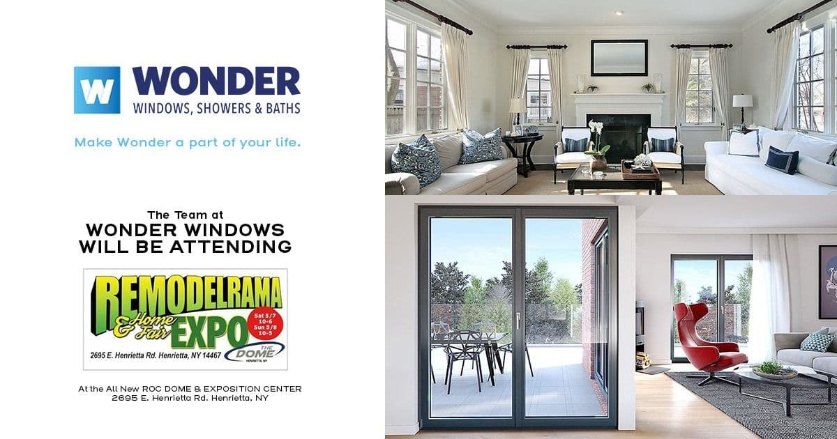 Alt text: "Advertisement for Wonder Windows, featuring elegant living room interiors with large windows and modern furnishings. Text details their participation in the Remodelrama Home Expo at the ROC Dome, Henrietta, NY."