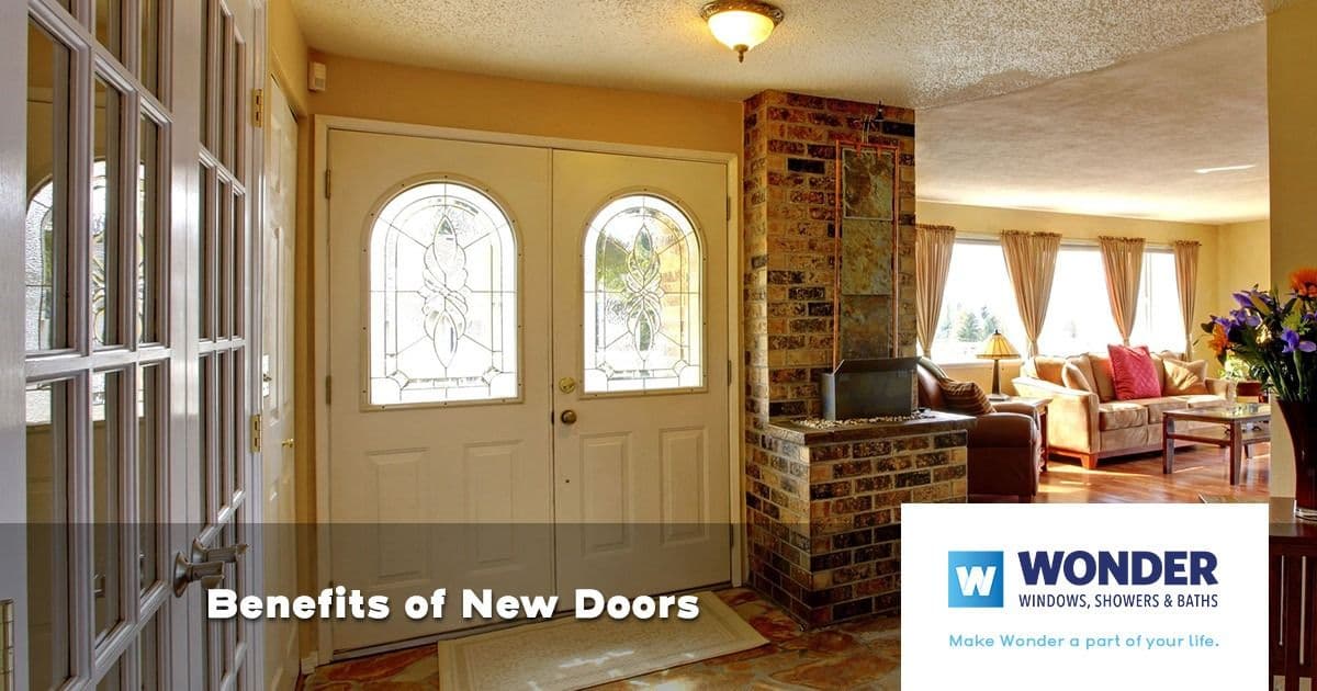 Alt text: "Welcoming living room with natural light, showcasing glass-paneled front doors, cozy seating, and elegant decor. Text: 'Benefits of New Doors.'"