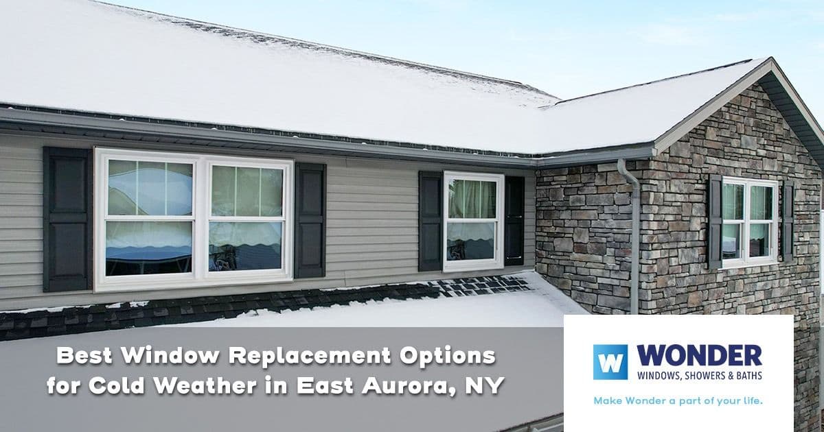 Snow-covered roof and windows of a house with stone and siding exterior. Text reads "Best Window Replacement Options for Cold Weather in East Aurora, NY."