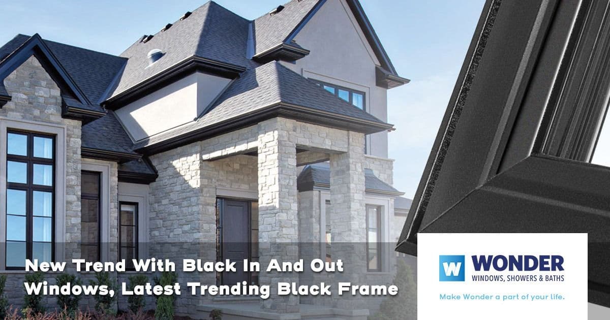 Modern stone house with black-framed windows under a clear sky. Text overlay reads, "New Trend With Black In And Out Windows, Latest Trending Black Frame." A logo in the bottom right corner.