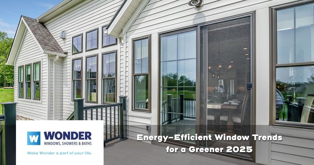 Modern house with large energy-efficient windows reflecting a lush garden. Text reads: "Energy-Efficient Window Trends for a Greener 2025." Logo: "Wonder Windows."