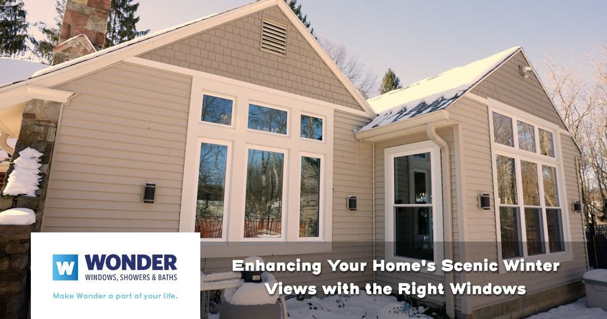 A cozy home with large windows shows a snowy landscape. The scene promotes Wonder brand windows, enhancing winter views. Text overlay highlights window benefits.