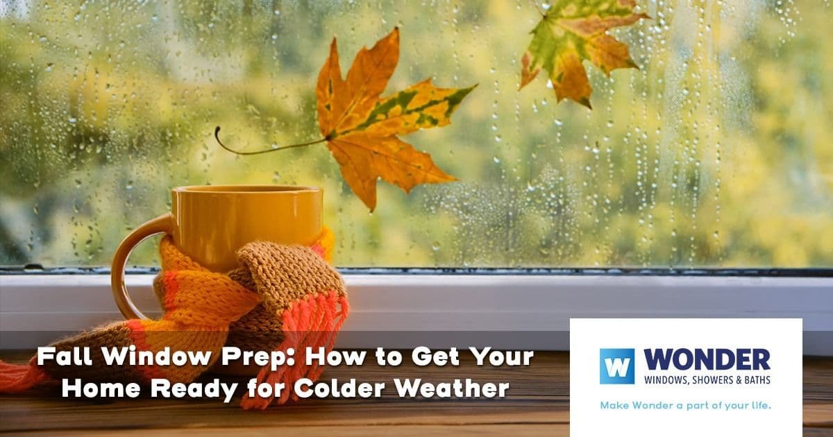 A cozy autumn scene with a yellow mug and knit scarf on a windowsill. Raindrops on the glass and colorful leaves outside evoke a warm, inviting fall atmosphere.
