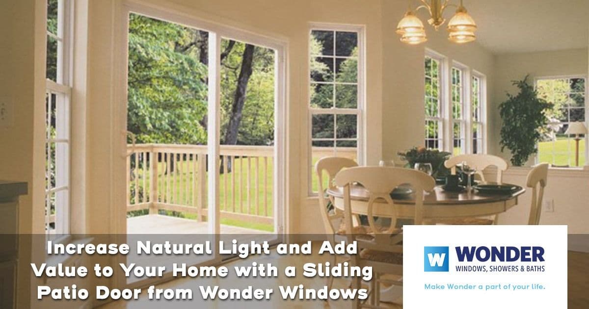 Bright dining area with large sliding patio doors opening to a sunny deck, surrounded by greenery. Text promotes Wonder Windows for natural light.