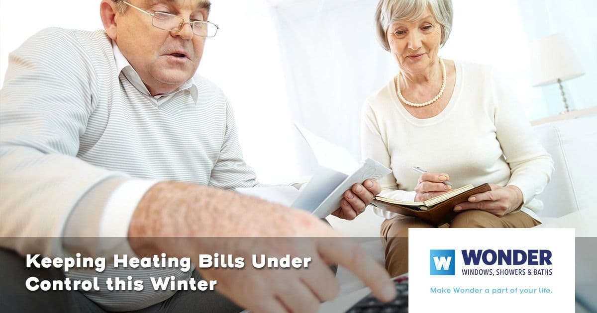 Elderly couple reviews winter heating bills with a calculator and notepad, conveying concern. Text: "Keeping Heating Bills Under Control this Winter."
