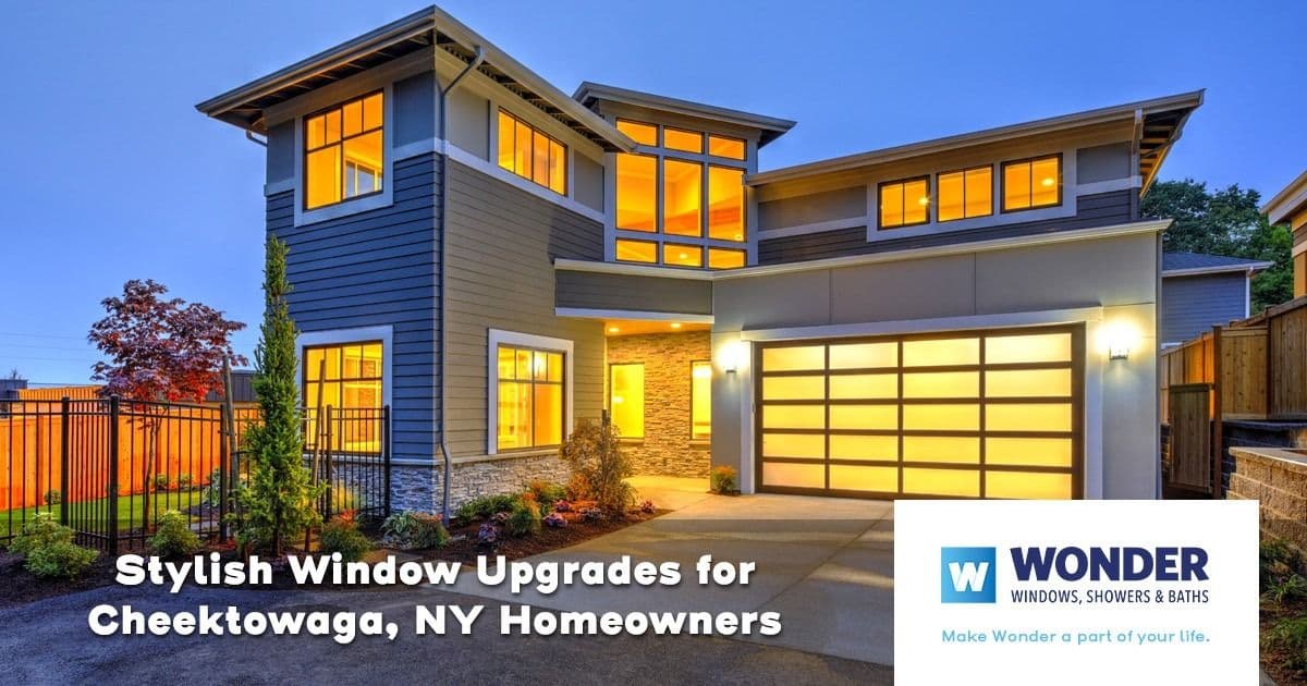 Contemporary two-story house at dusk with glowing windows and landscaping. Text reads: "Stylish Window Upgrades for Cheektowaga, NY Homeowners." Logo in corner.