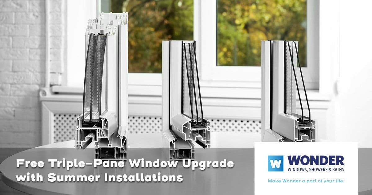 Alt text: "Three cross-sections of triple-pane windows on a table, with a blurred window view in the background. Text reads 'Free Triple-Pane Window Upgrade with Summer Installations.' Logo for Wonder Windows, Showers & Baths in the corner."