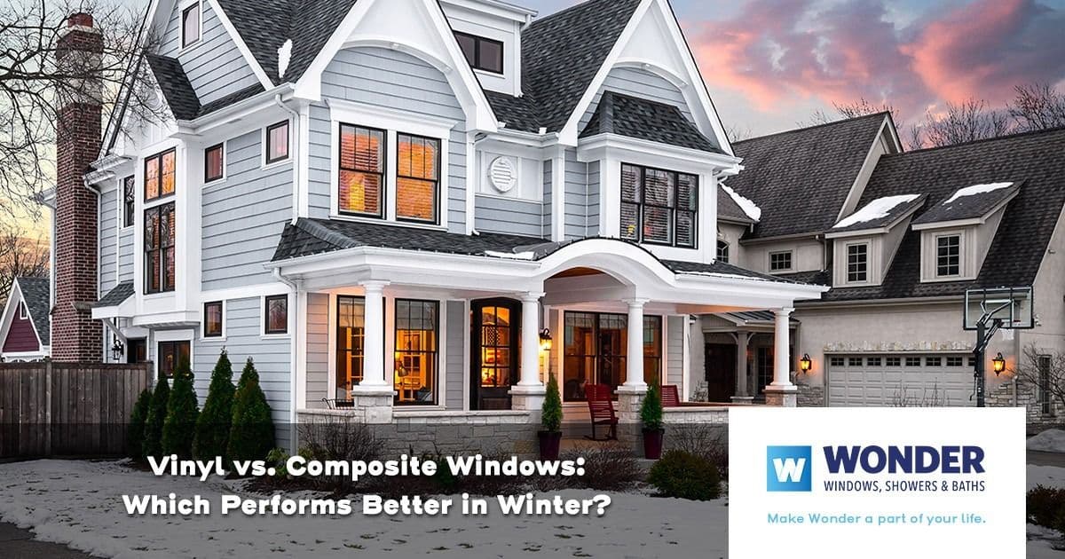 A large, elegant house with multiple windows is seen in winter, surrounded by snow. Text reads, "Vinyl vs. Composite Windows: Which Performs Better in Winter?" Adding to the aesthetic, warm interior lighting glows through the windows, contrasting with the cold exterior. The bottom right features the Wonder brand logo and slogan.