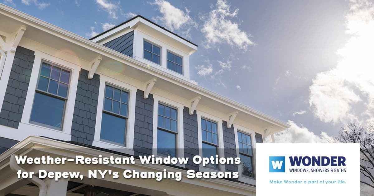 Alt text: "Sunny day view of a house with weather-resistant windows, featuring gray siding and white trim. Text overlay promotes window options for Depew, NY. The Wonder Windows logo is visible."