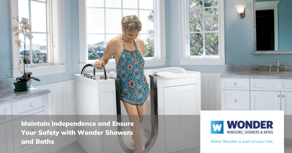 A woman steps into a walk-in bathtub in a bright bathroom, exuding comfort and safety. Text promotes independence with Wonder Showers and Baths.