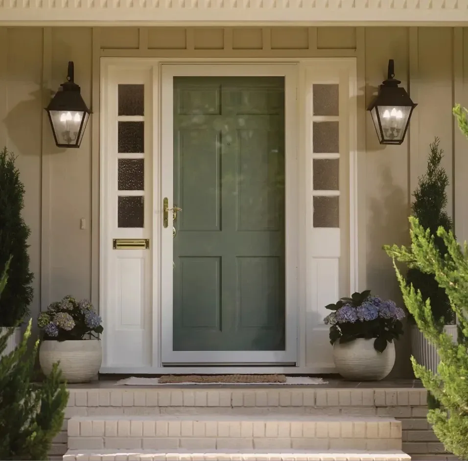 A sage green front door with a white storm door.