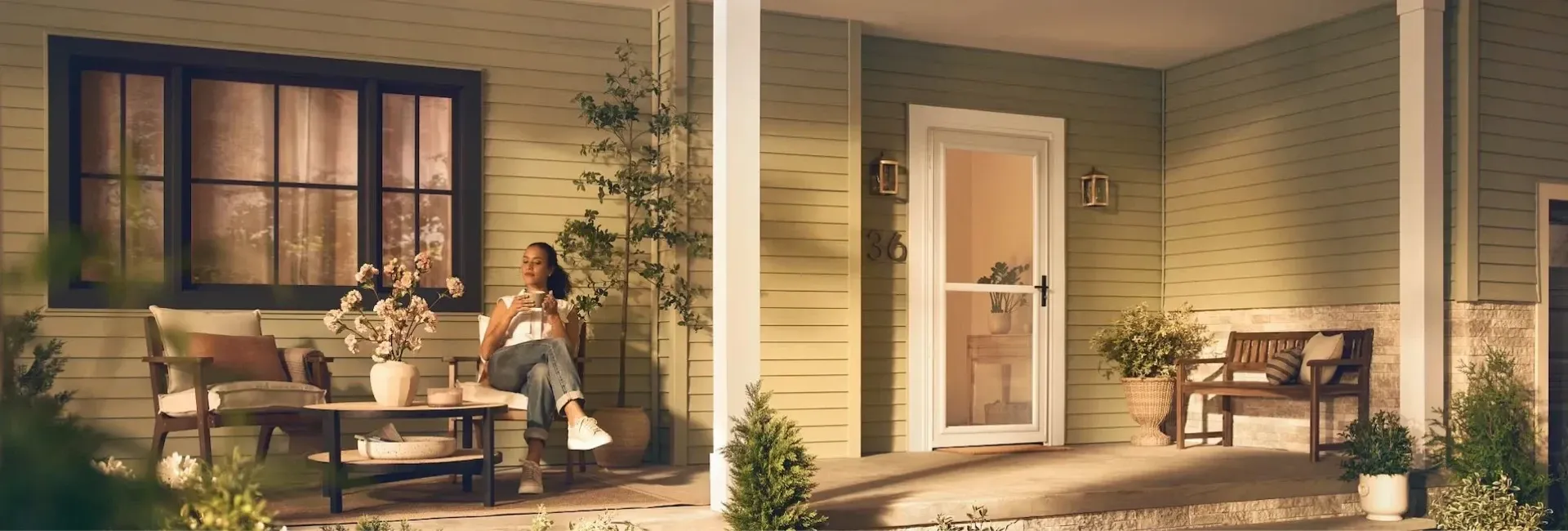 A woman sits on a cozy porch, sipping a drink beside potted flowers.