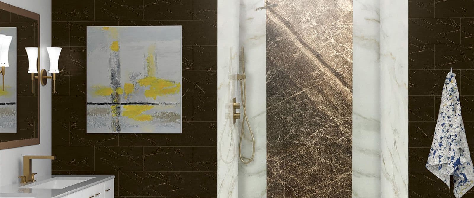 Modern bathroom with dark wall tiles, abstract art, a marble shower, and a vanity mirror.