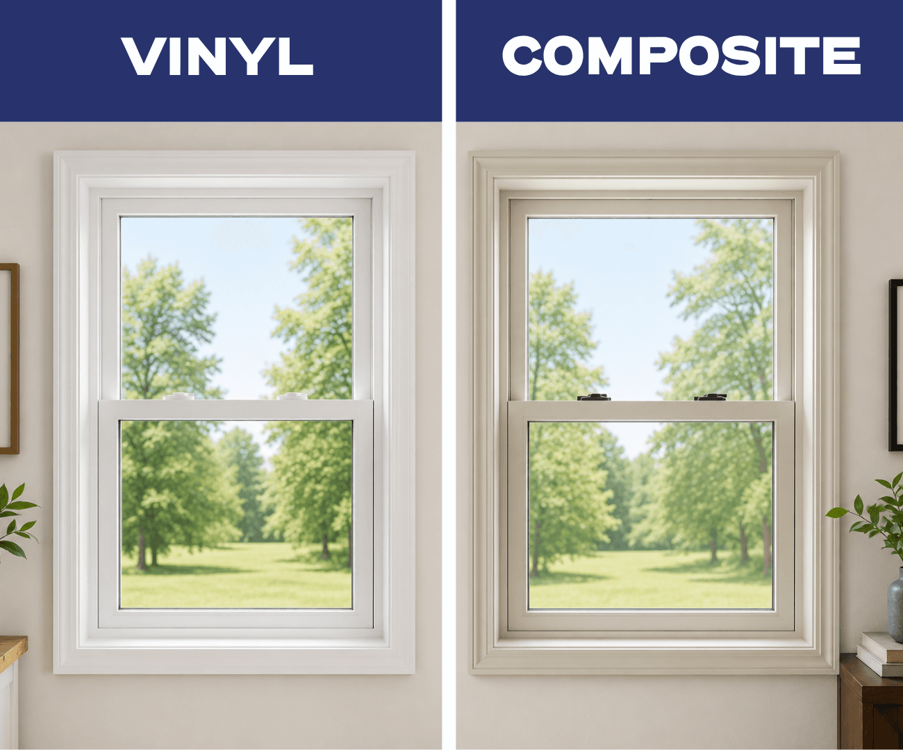 Comparison of vinyl window with white frame on left and composite window with tan frame on right, both double-hung style showing trees and landscape outside.